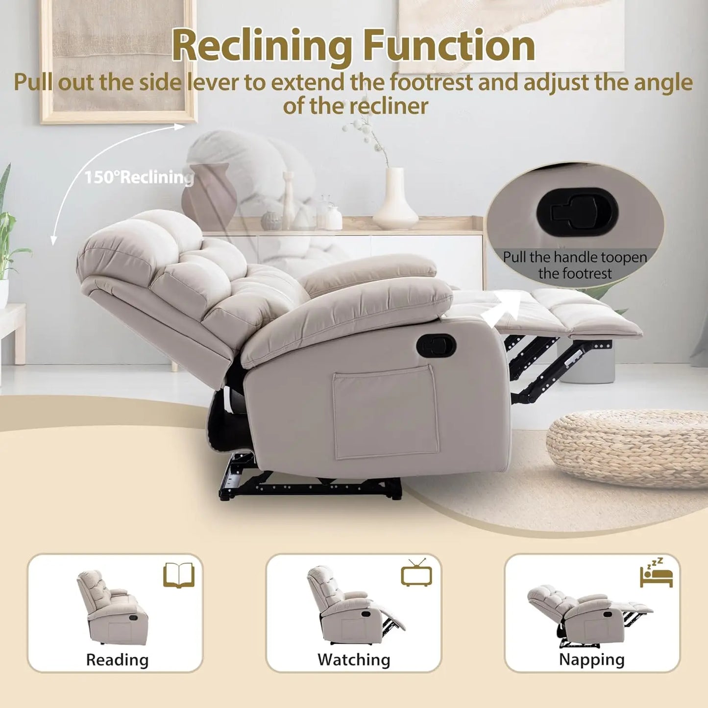 3 Seat Manual Reclining Leather Sofa With Overstuffed Arms Hidden Storage Beige