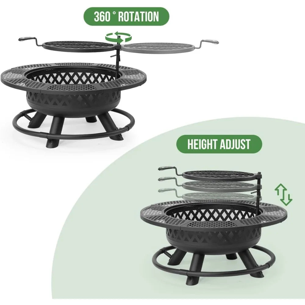 36 Inch Round Fire Pit Grill And Lid Wood Burning 3 In 1