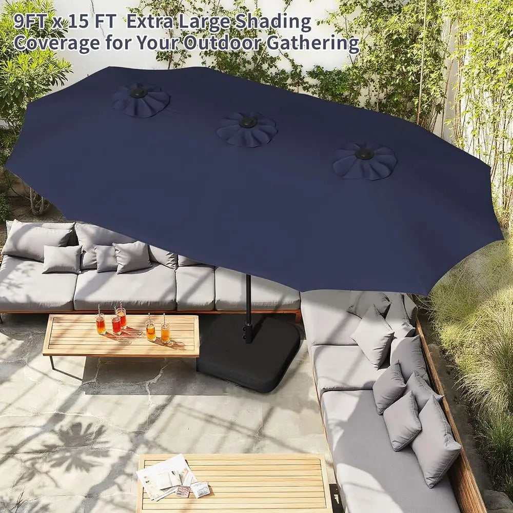 16Ft Rectangular Outdoor Patio Umbrella With Crank Double Sided Dark Blue