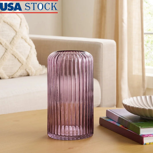 Modern Pink Ribbed Cylinder Glass Vase Tabletop Decor Stylish Home Accent Washable High Quality Glass Ideal For Flowers