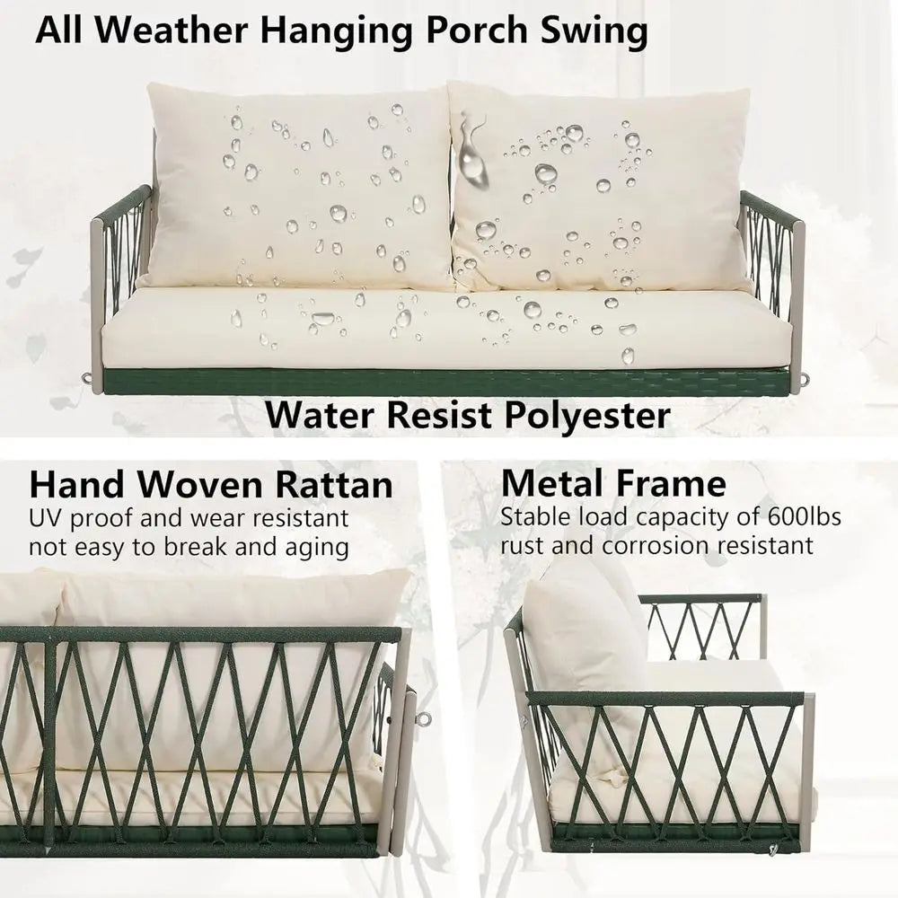 All-Weather Upholstered Porch Swing With Steel Chains For Patio Garden White