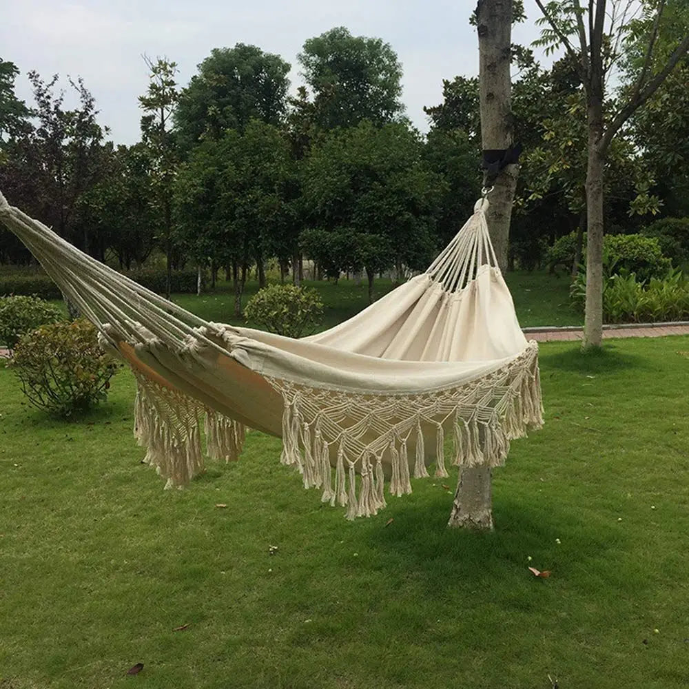 Cotton Woven Balcony Hammock Rope Chair With Crochet Fringe Outdoor Indoor