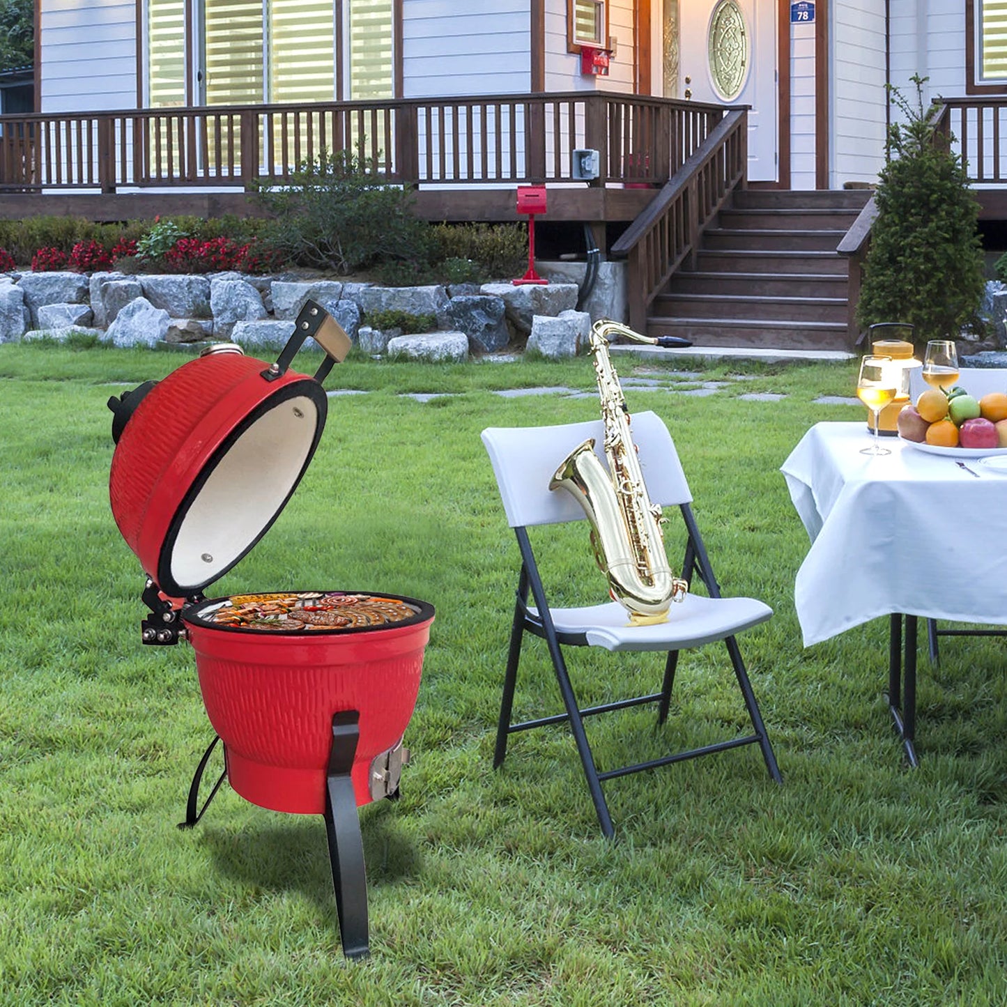 Round Kamado Charcoal Grill 13 Inch Ceramic Asador Orange Outdoor Barbecue