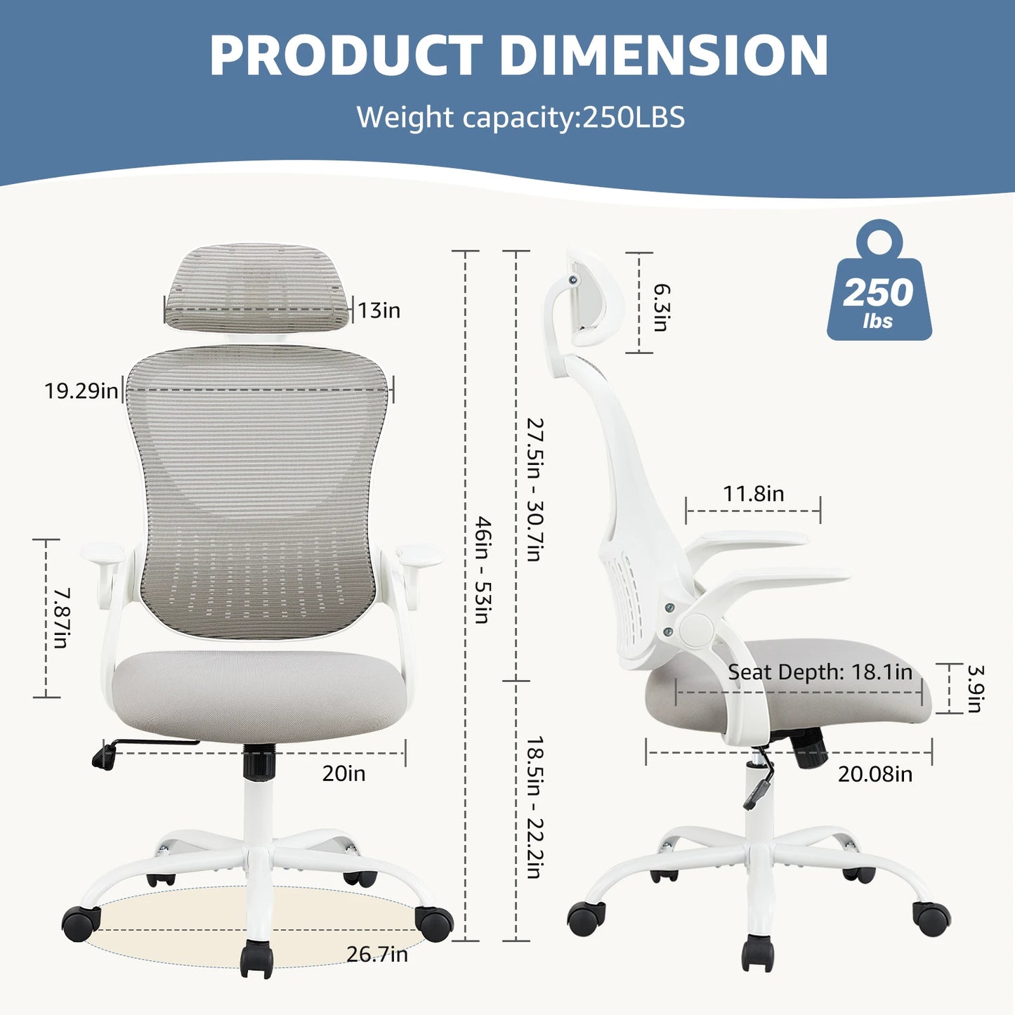 JHK Mesh Ergonomic Office Chair With Flip Up Arms And Adjustable Headrests