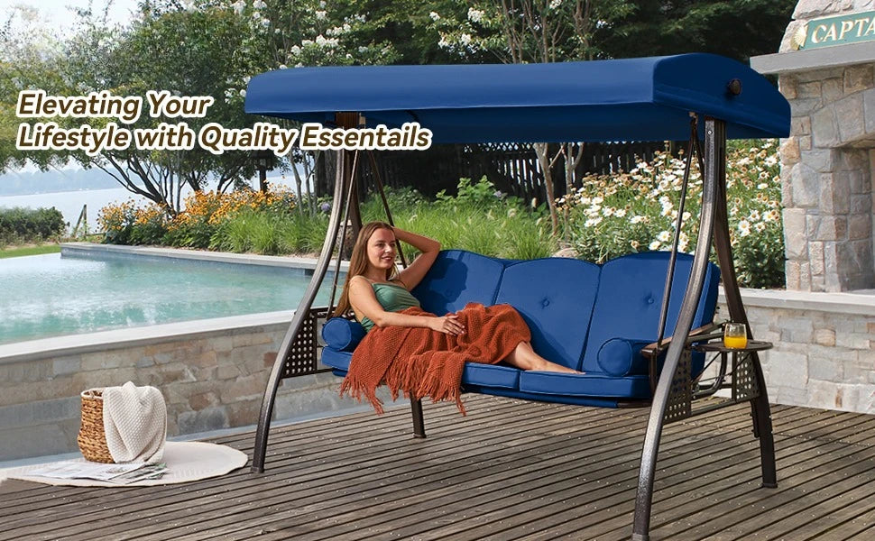 3 in 1 Outdoor Porch Swing With Adjustable Canopy 3-Seat Thick Cushions Pillows Cup Holders Heavy Duty Alloy Steel Frame 750 Lb Capacity
