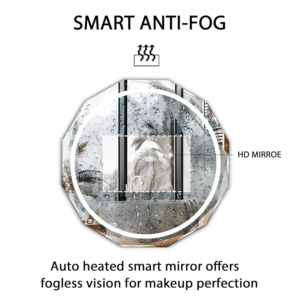 Round LED Bathroom Mirror Beveled Edge Mount Anti Fog Silver