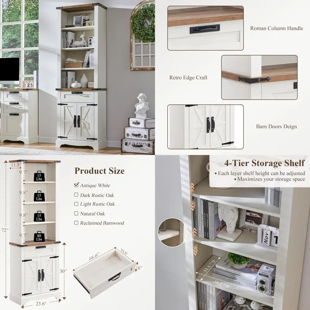 72 Inch Tall Farmhouse Style Bookshelf With Storage And Adjustable Shelves