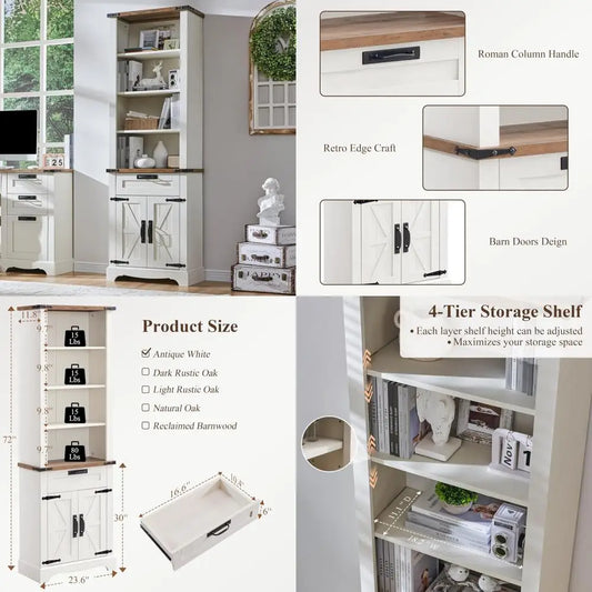 72 Inch Tall Farmhouse Style Bookshelf With Storage And Adjustable Shelves