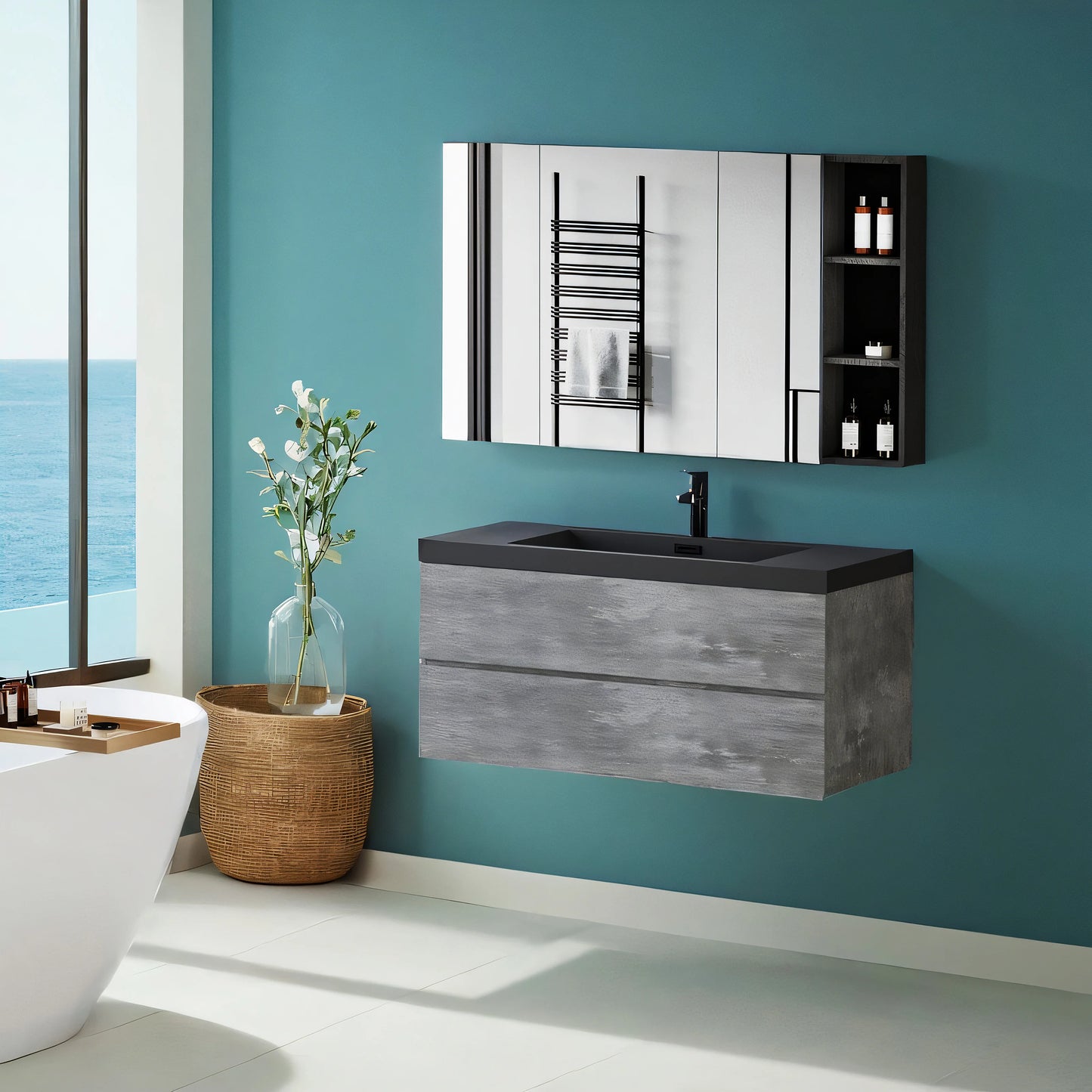 48 Inch Floating Bathroom Vanity With Sink Black Quartz Top