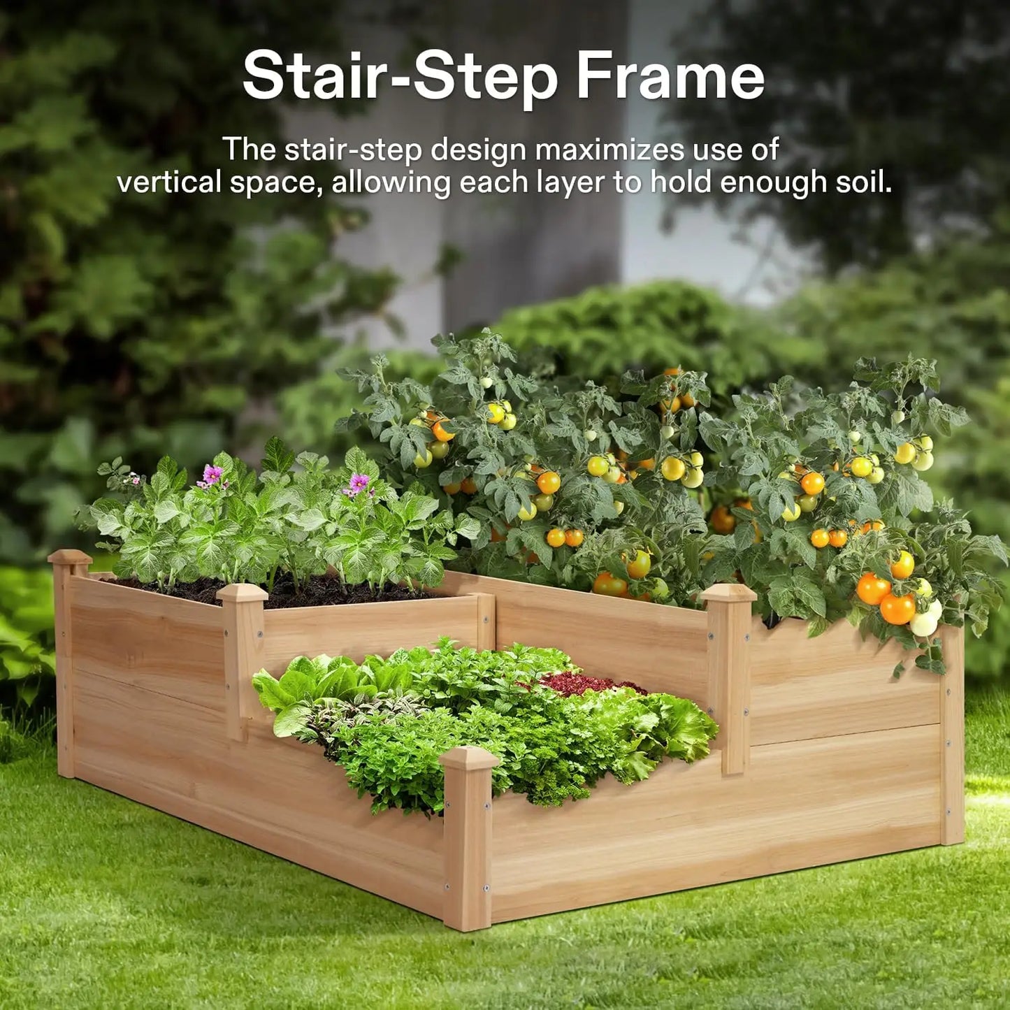 3 Tier Wooden Raised Garden Bed 42.5x34.5x15 Inches for Outdoor Planting