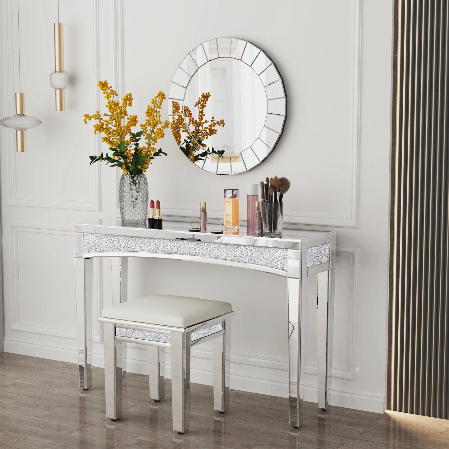 47.2 Inch Mirrored Console Table With Crystal Inlay Front
