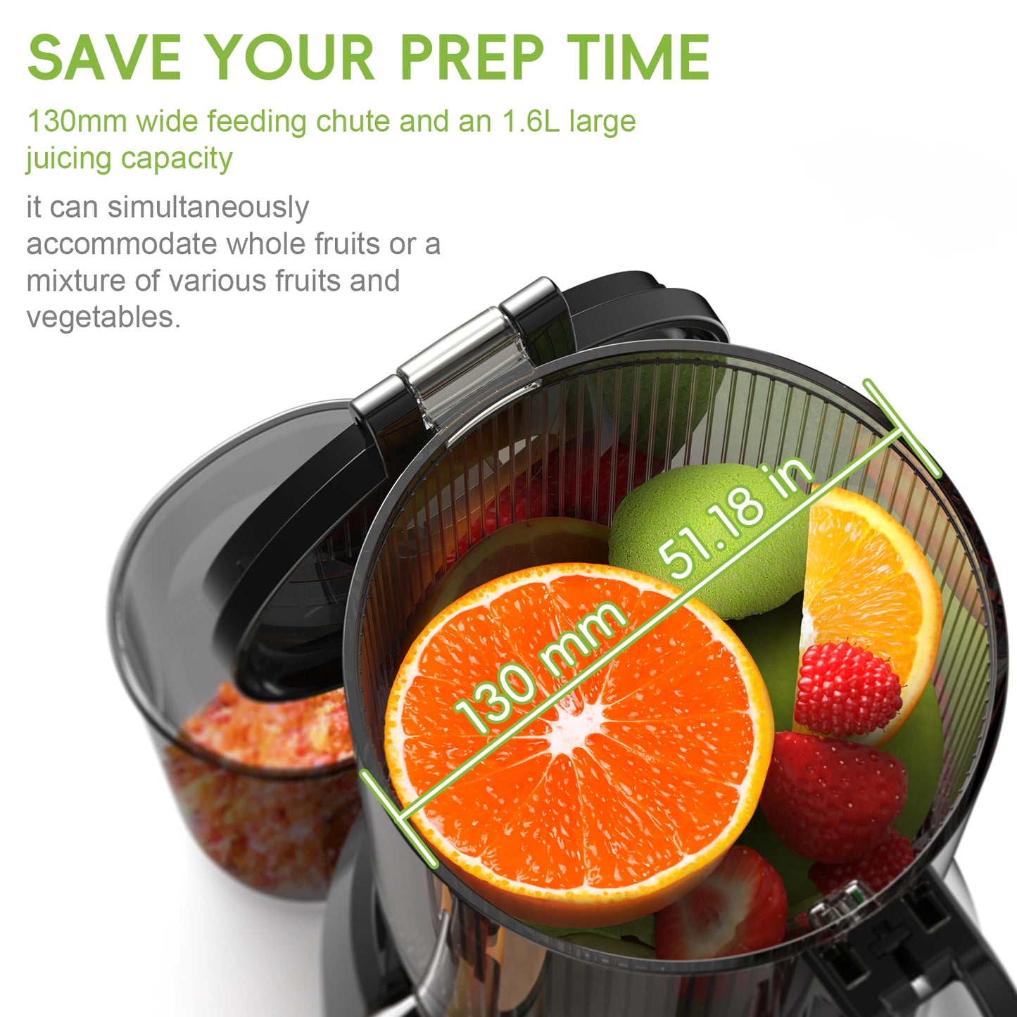 BioloMix Cold Press Juicer 130mm Feed Chute Whole Fruits Vegetables High Juice Yield BPA Free Slow Masticating Juicer