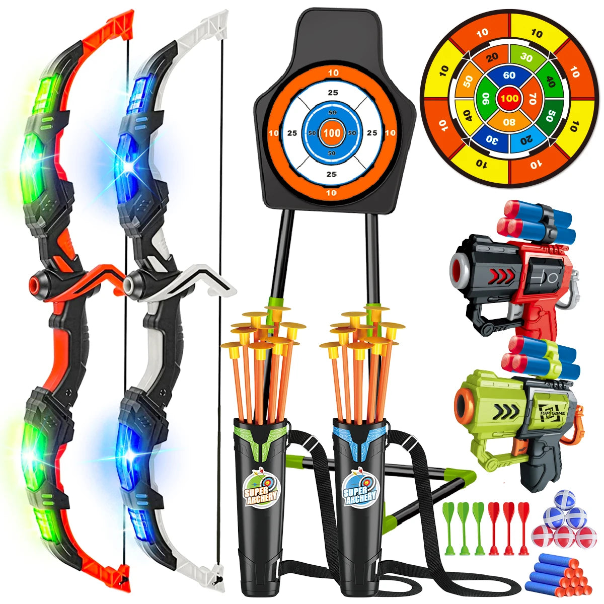 VATOS 2X Bow Arrow Guns Toy for Kids LED Light Up Archery with Suction Cup Stand Target Dart Board Indoor Outdoor Game Toys