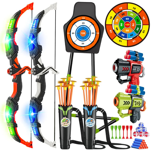 VATOS 2X Bow Arrow Guns Toy for Kids LED Light Up Archery with Suction Cup Stand Target Dart Board Indoor Outdoor Game Toys