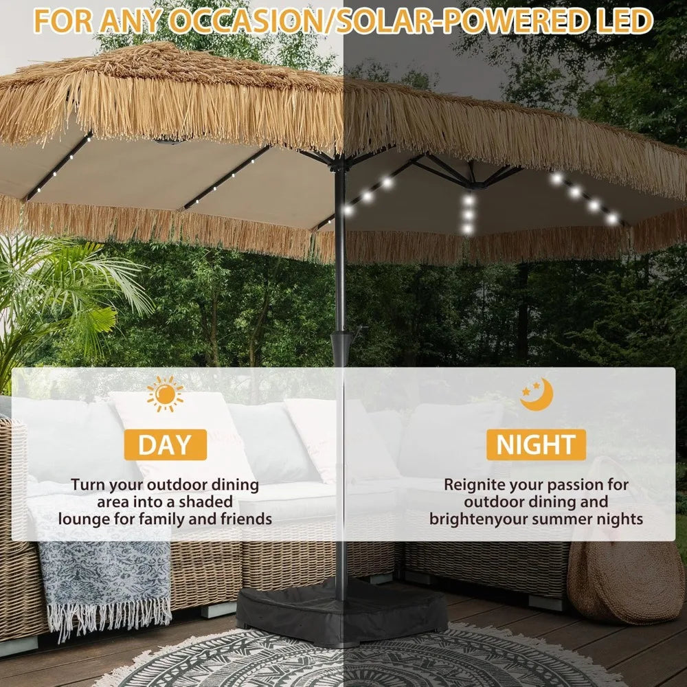 15Ft Tiki Patio Umbrella With 48 LED Lights And Heavy Duty Cross Base 12 Ribs