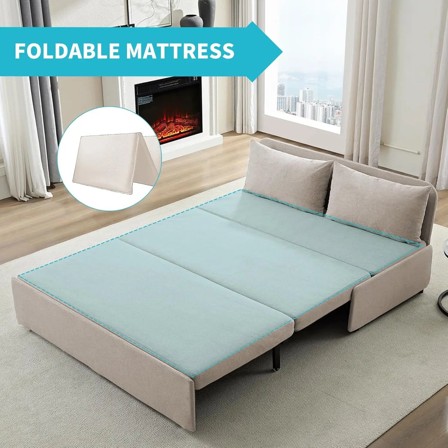 Queen Size Pull Out Sofa Bed Linen Convertible Couch With 2 Pillows