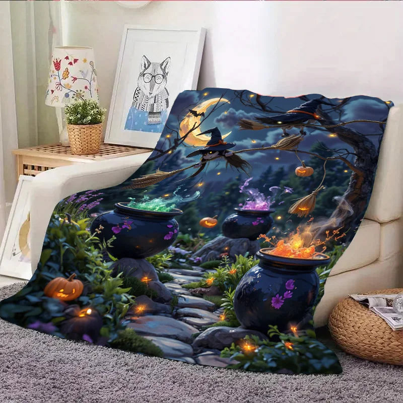 Flannel Blanket All Season Cozy Halloween Witch Cauldron