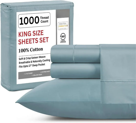 Pure Cotton King Sheet Set 1000 TC Deep Pocket No Pill