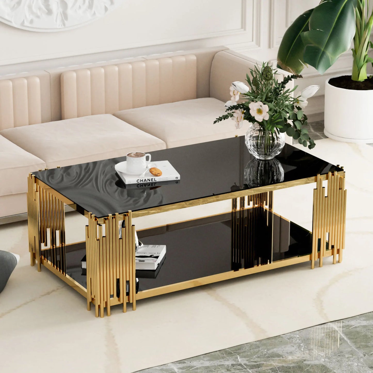 Stainless Steel Rectangle Glass Coffee Table For Living Room