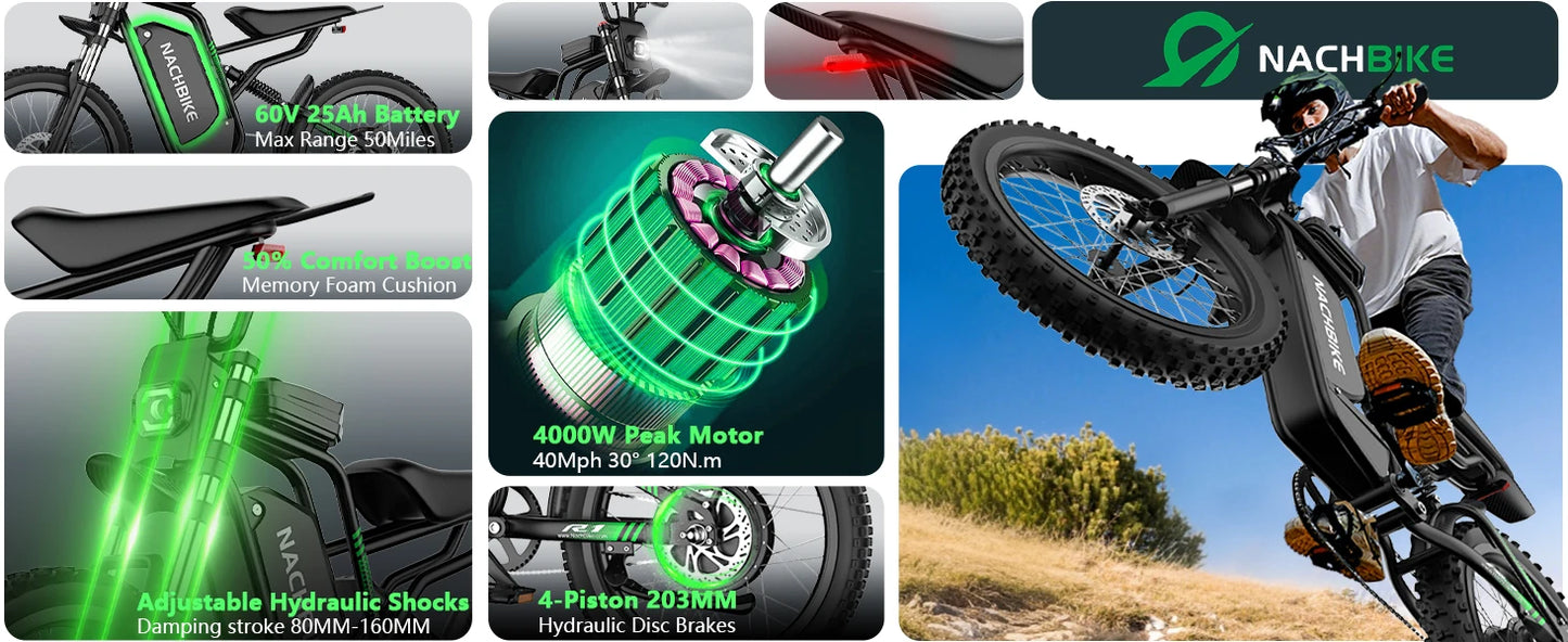 Electric Dirt Bike 4000 6kW 60V 25Ah Dual Hydraulic Brakes