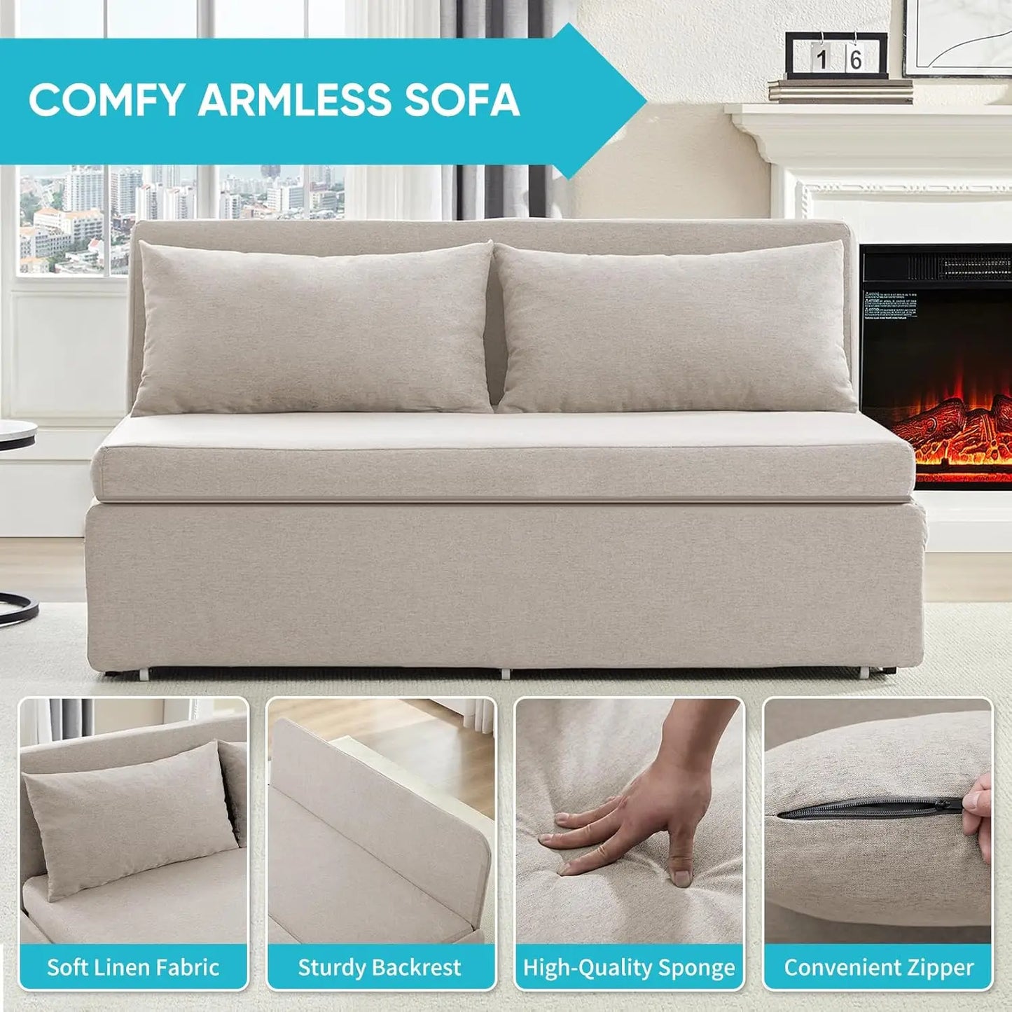 Queen Size Pull Out Sofa Bed Linen Convertible Couch With 2 Pillows For Guests
