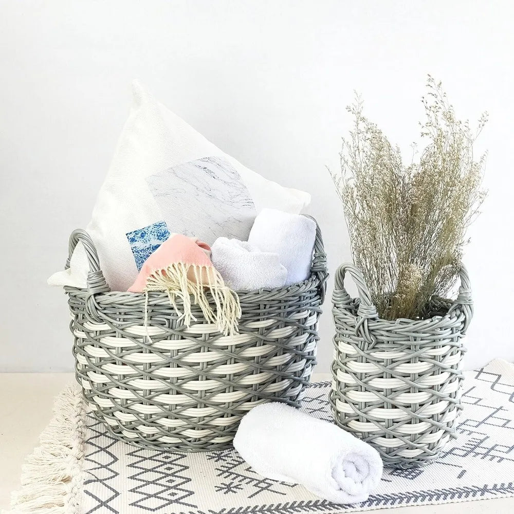 3 Pack Hand Woven Wicker Baskets With Handles Gray Beige