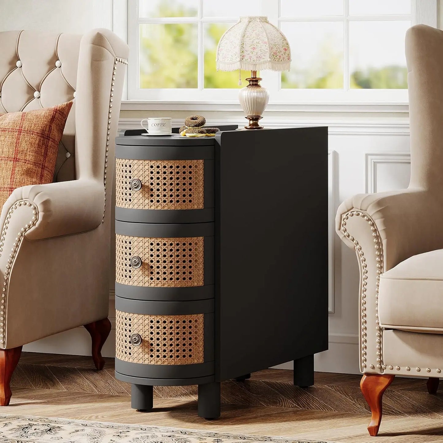 Solid Wood End Table Nightstand Vintage Embossed Handles