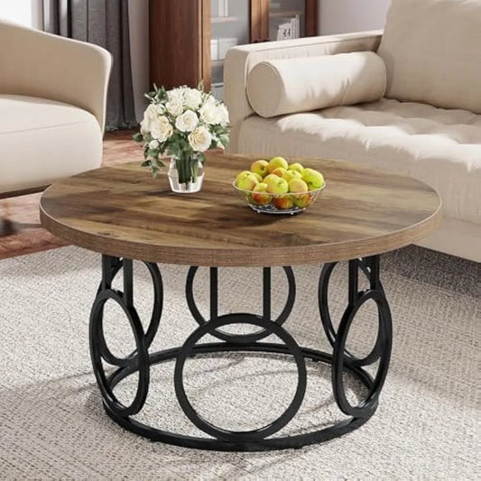 31.5 Inch Round Coffee Table Metal Base Rustic Modern Wood