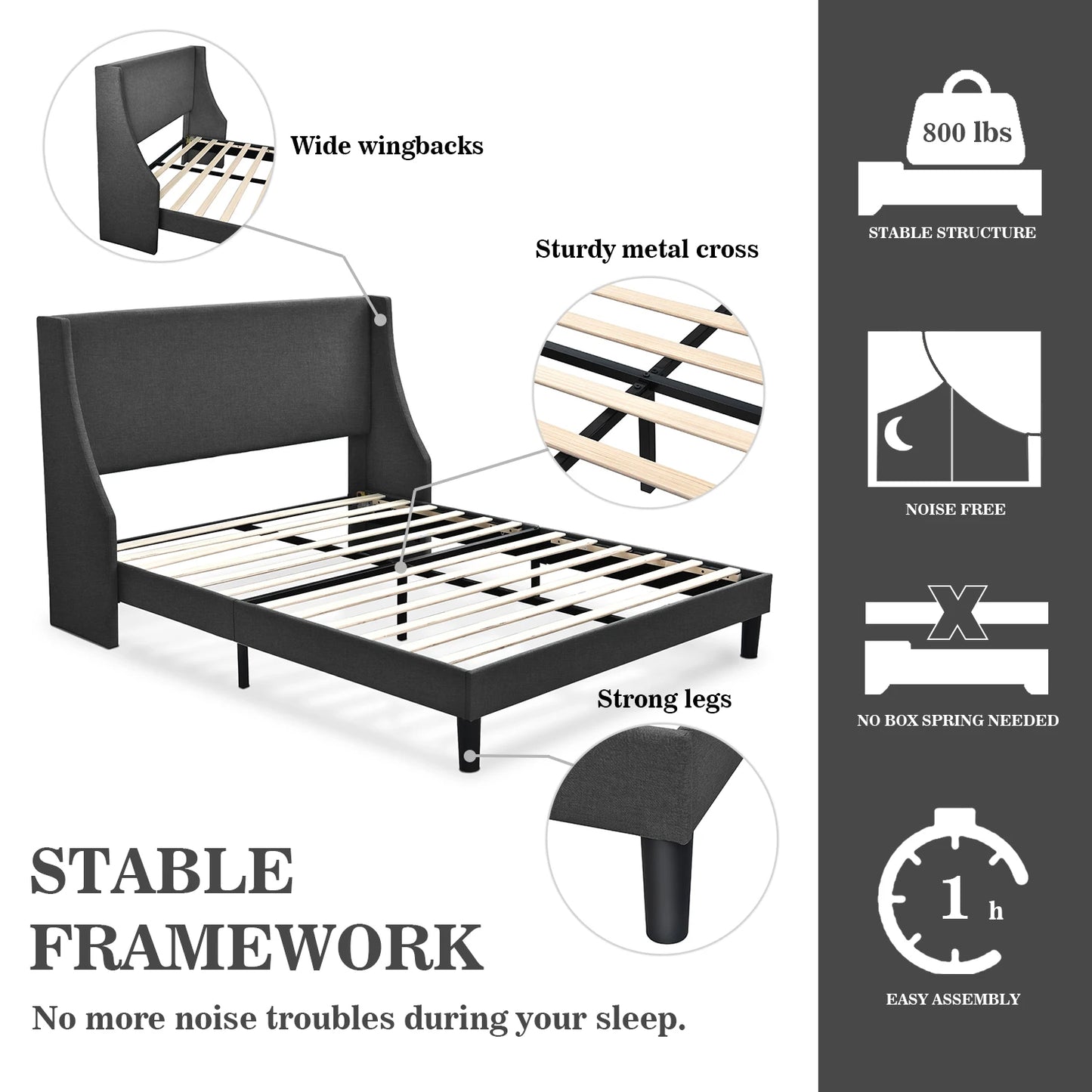 Hoomic Upholstered Bed Frame With Headboard Wingback