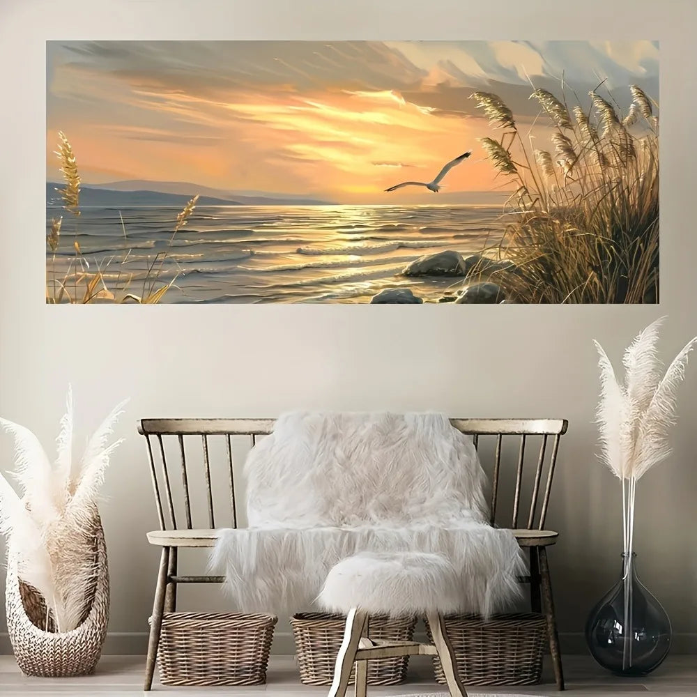 Sunset Beach Art Canvas Seascape Painting With 1.5 Inch Thick Pine Wood Frame