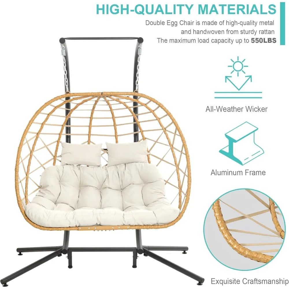 Double Egg Swing Chair With Stand 2-Person Hanging Hammock Chair With Cushion for Patio and Living Room 550 Lb Capacity
