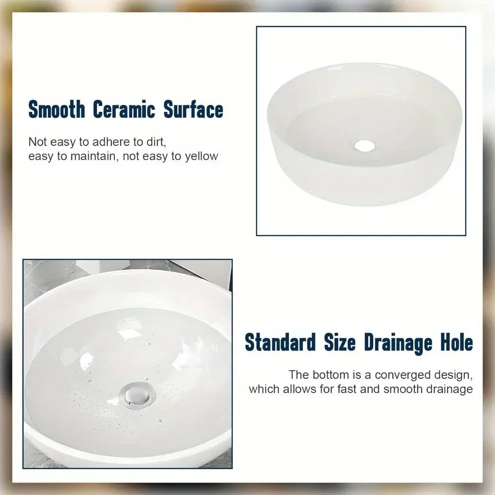 14 Inch White Ceramic Round Countertop Sink Without Faucet