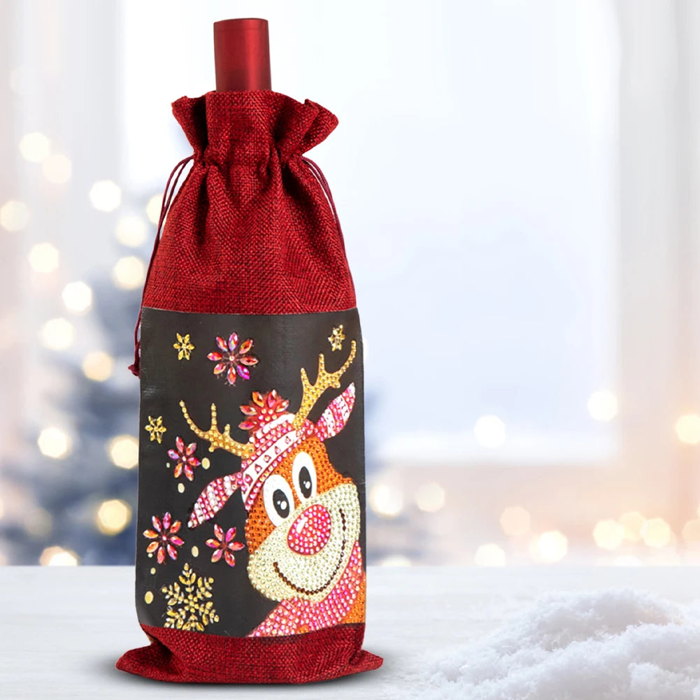 Christmas Diamond Art Wine Gift Bag Drawstring Bottle Cover