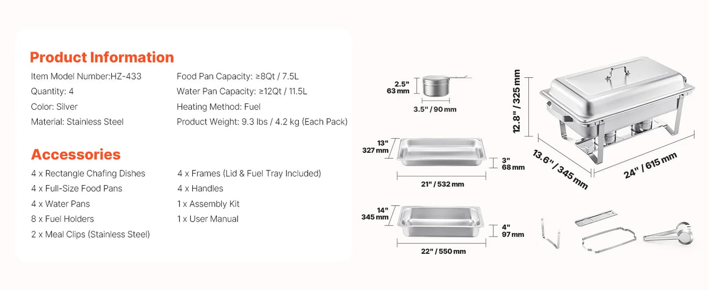 SucceBuy 8 Quart 4 Pack Chafing Dish Buffet Set Stainless Steel Chafer with 2 Full Size and 4 Half Size Pans Catering Warmer Server