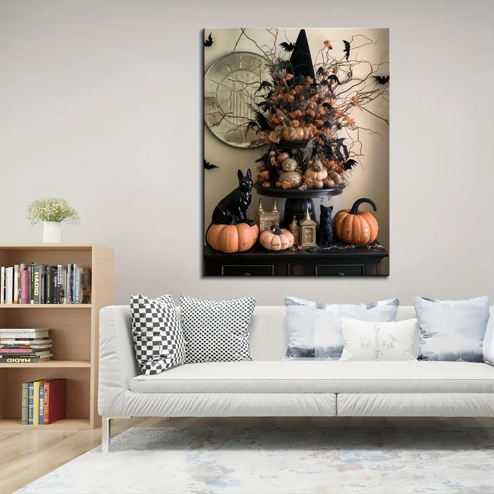 One Point Five Inch Solid Wood Frame Halloween Cat And Pumpkin Art Deco Wall Art