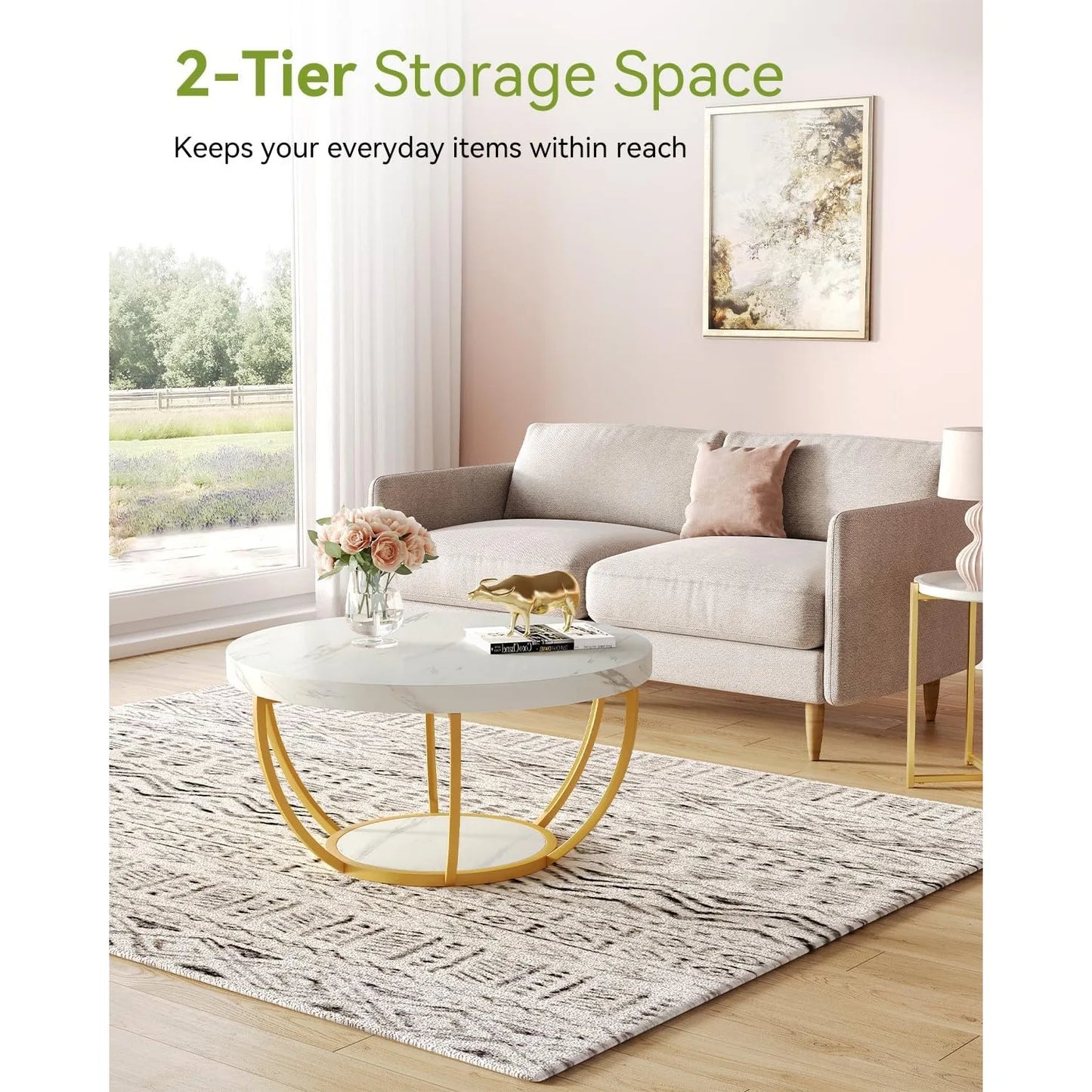 32 Inch Circle Marble Coffee Table With 2 Tier Gold Metal Legs Open Storage