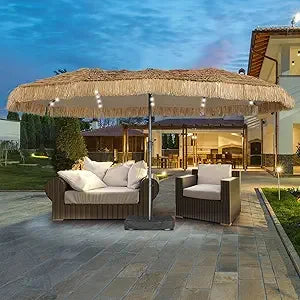 15Ft Tiki Patio Umbrella With 48 LED Lights And Heavy Duty Cross Base 12 Ribs