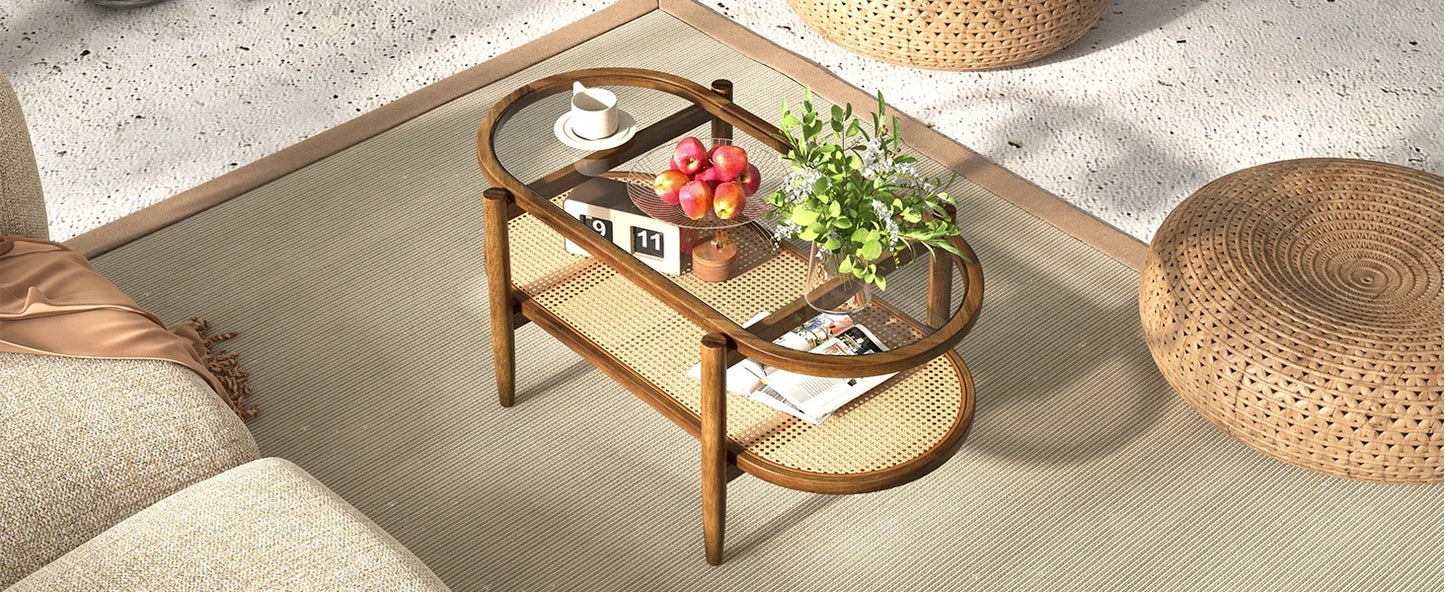 Rattan Coffee Table 2 Tier Acacia Wood With Glass Top Shelf