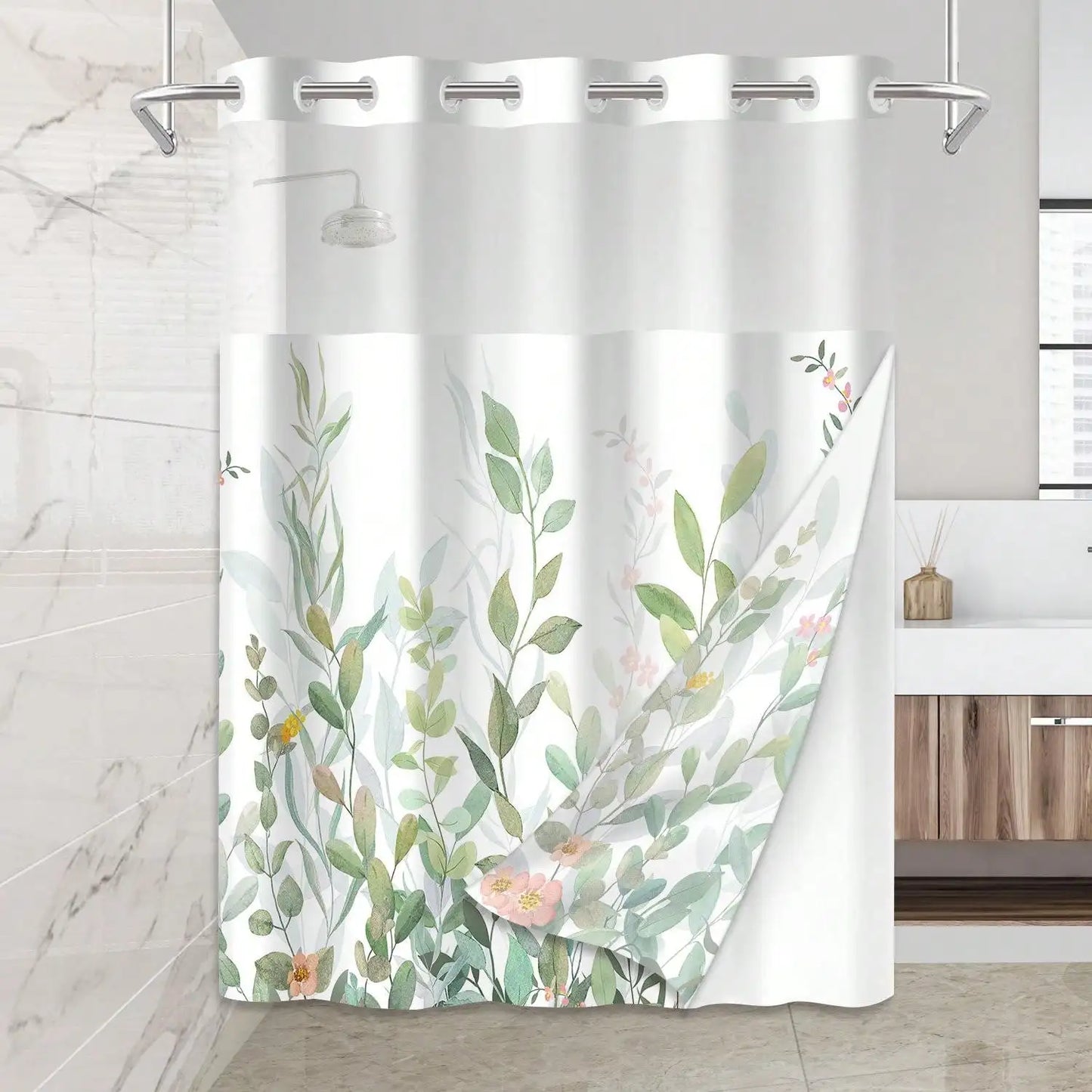 Plants Pattern No Hook Waterproof Shower Curtain PVC Modern Bathroom Decor