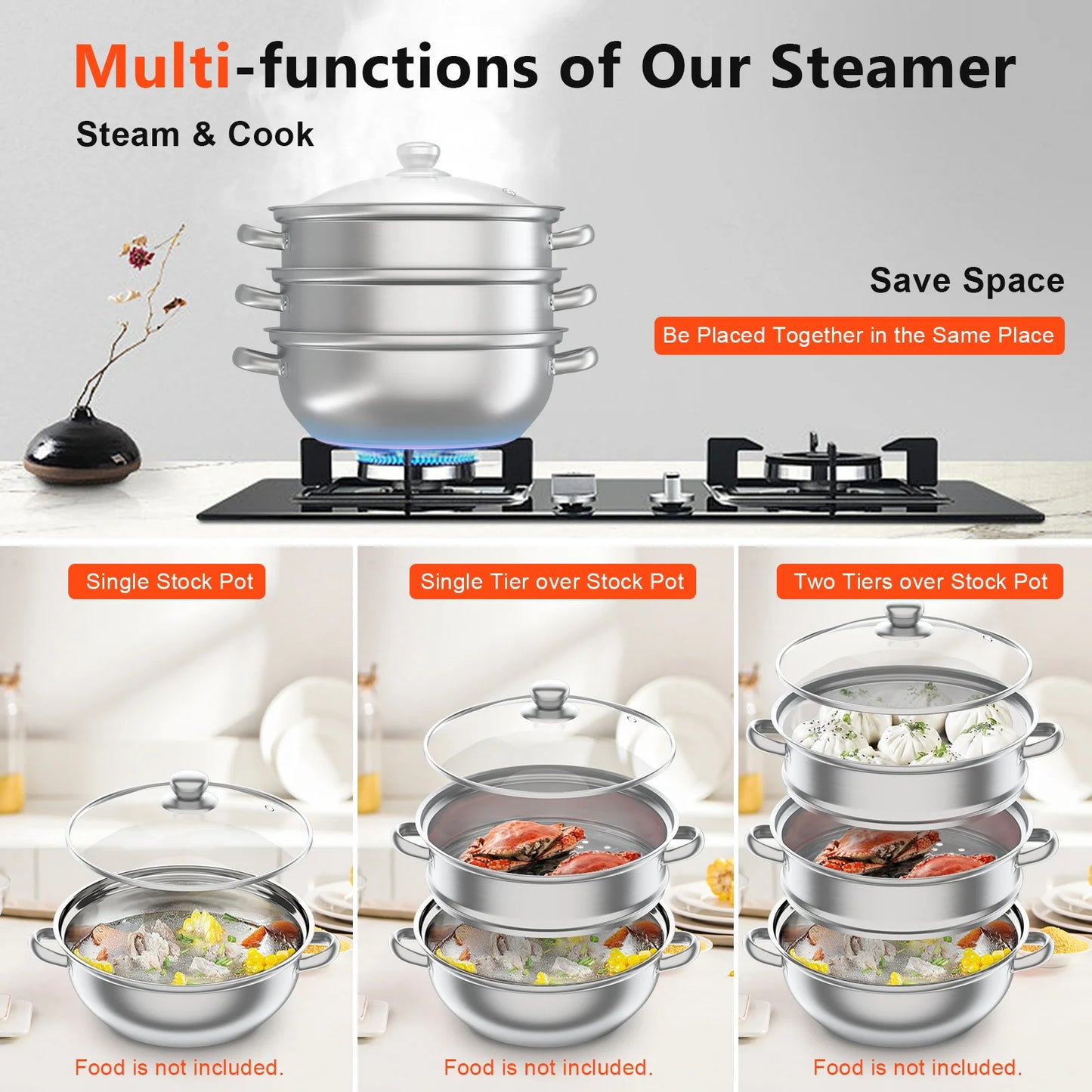 11 Inch 3 Tier Large Stainless Steel Steamer Pot Set with Glass Lid