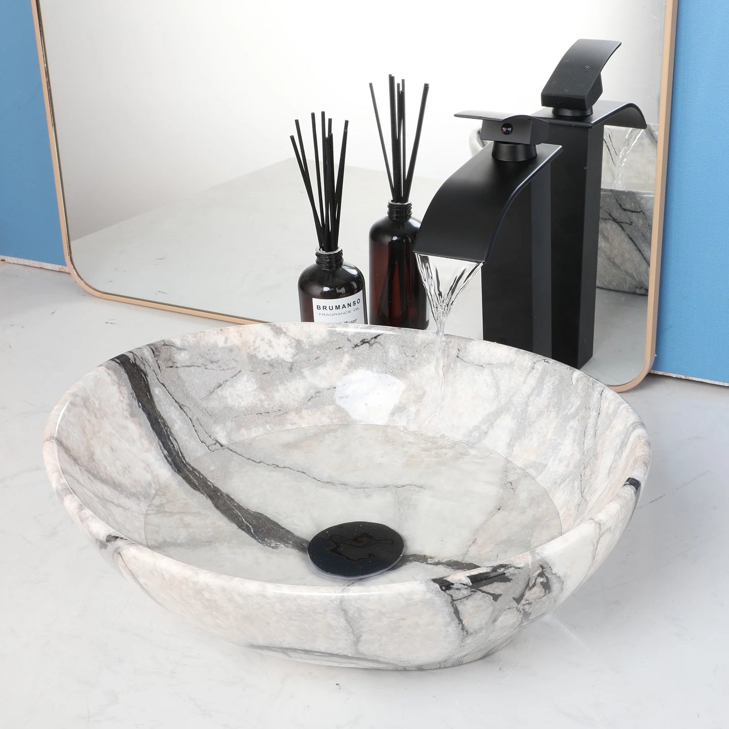 ZAPPO Marbling Rectangle Vessel Sink With Faucet Drain