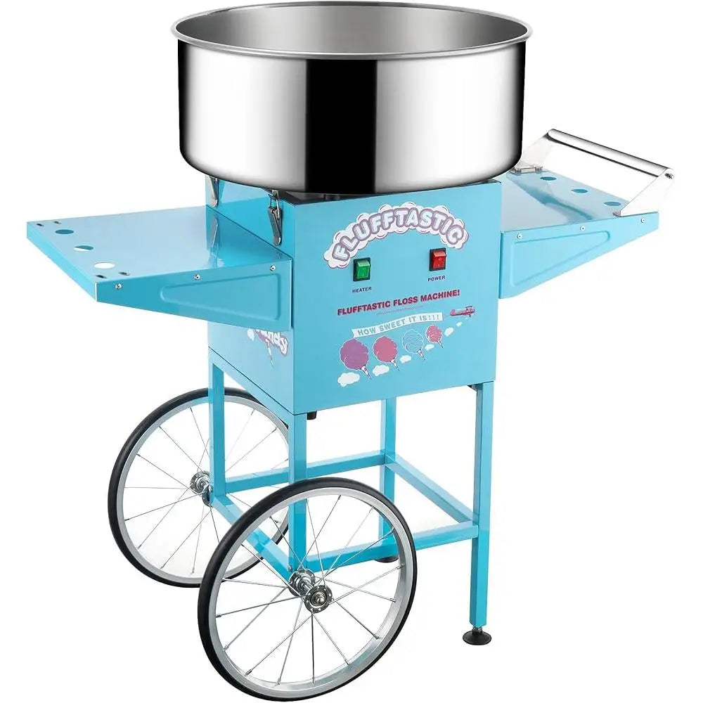 Cotton Candy Machine Cart 1000W Portable Floss Maker with Stainless Steel Pan Side Trays and 13 Inch Wheels for Parties and Events