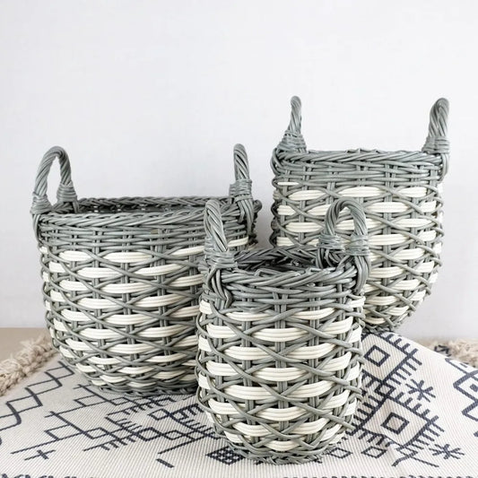 3 Pack Hand Woven Wicker Baskets With Handles Gray Beige