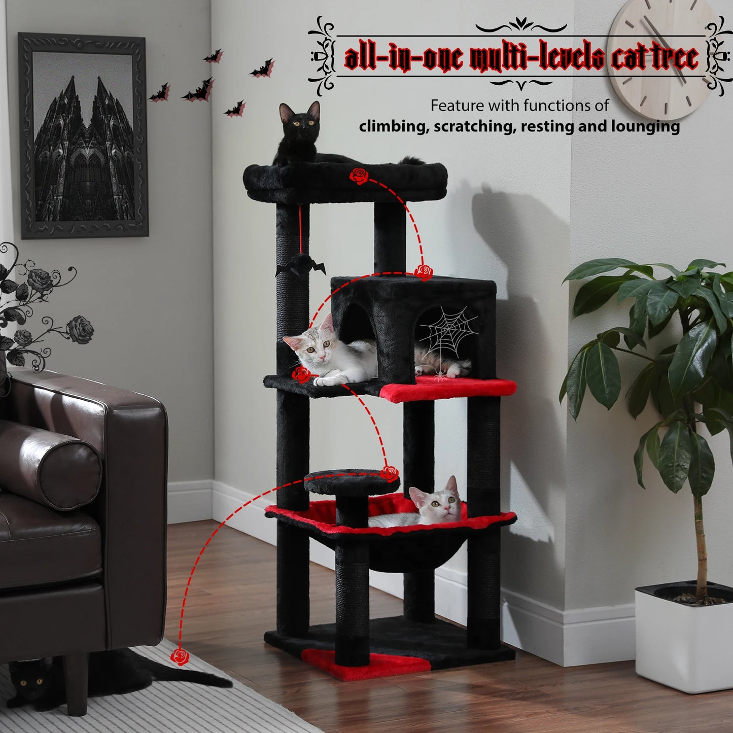 Gothic Cat Tree Tower for Indoor Cats Five Levels with Cozy Condo and Hammock