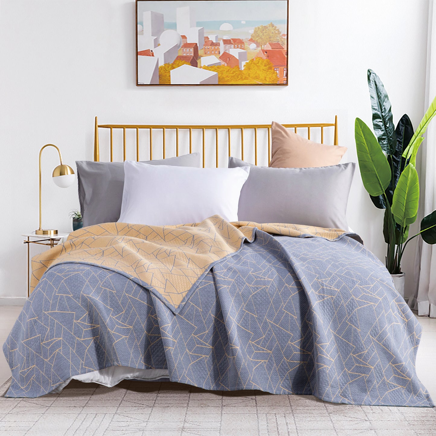Ntbay 3 Layers Cotton Muslin Bed Blanket, Soft Breathable Thermal Yarn Dyed Quilt for Adults, Perfect Lightweight Blanket
