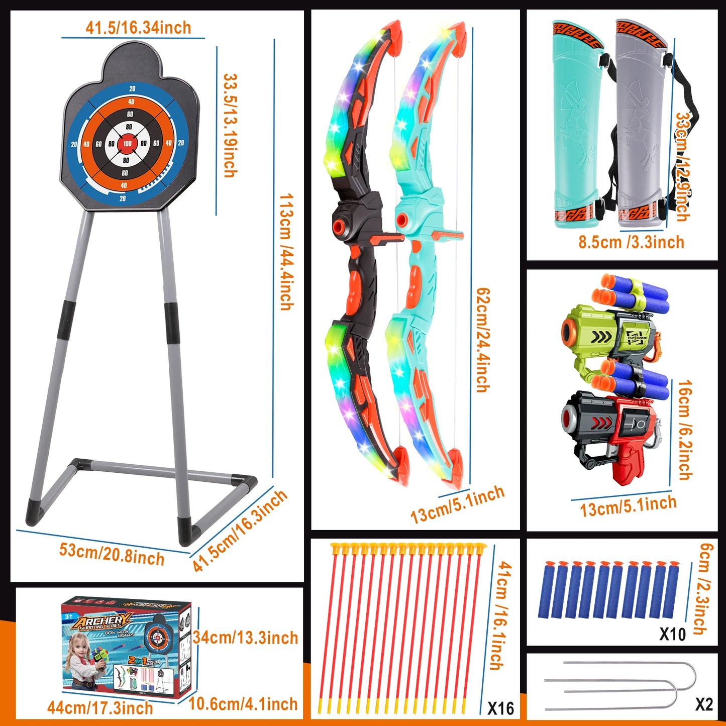 LED Light Up Bow and Arrow Set With Foam Dart Guns for Kids 5 6 7 8 9