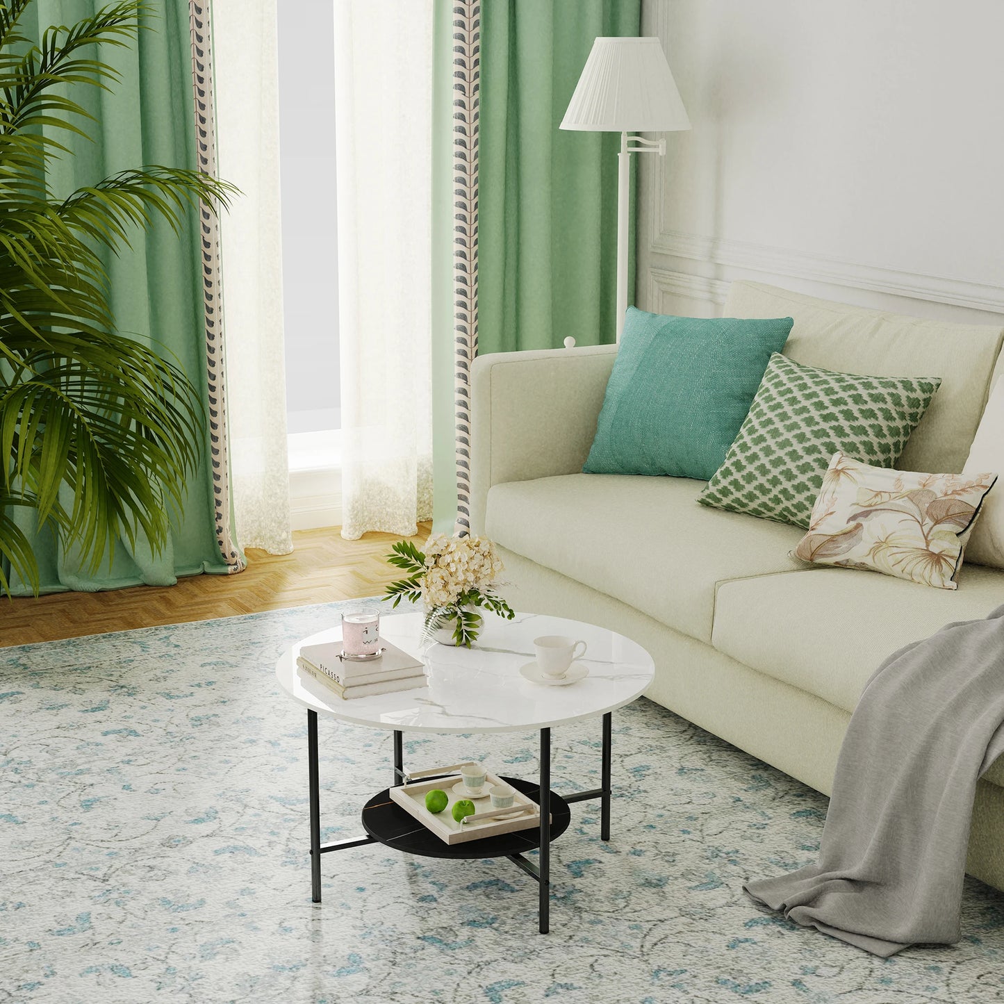 2 Tier Round Coffee Table With Sintered Stone Top And Metal Frame Living Room