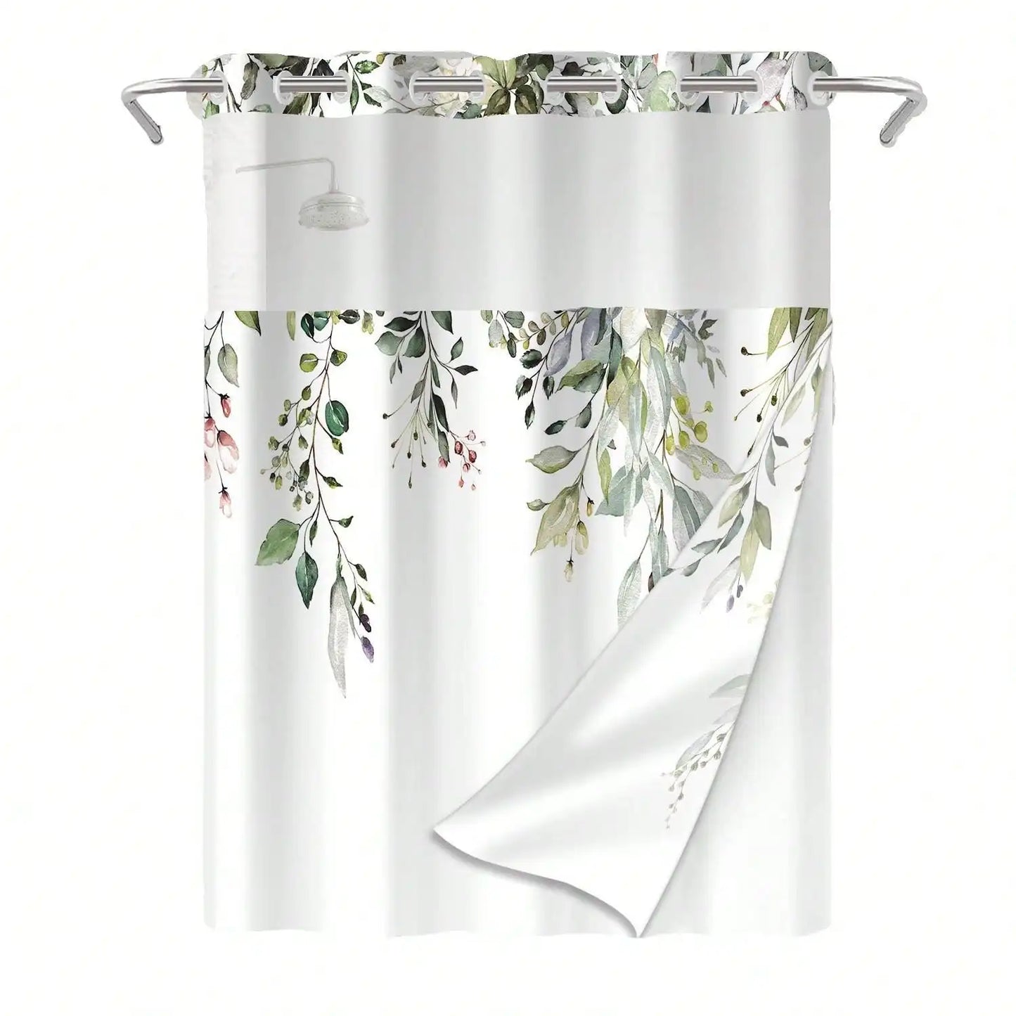 Plants Pattern Waterproof Shower Curtain No Hook Bathroom