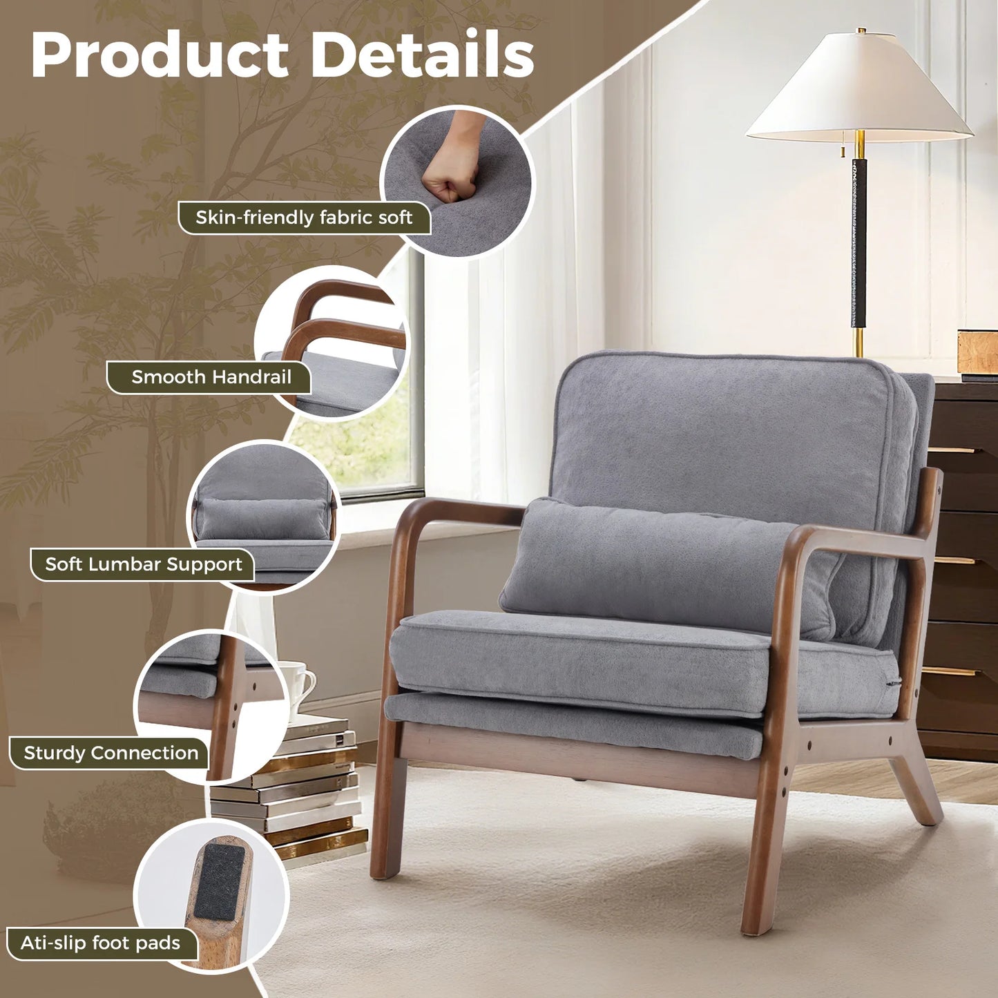 JHK Mid Century Modern Accent Chair With Solid Wooden Frame And Armrests