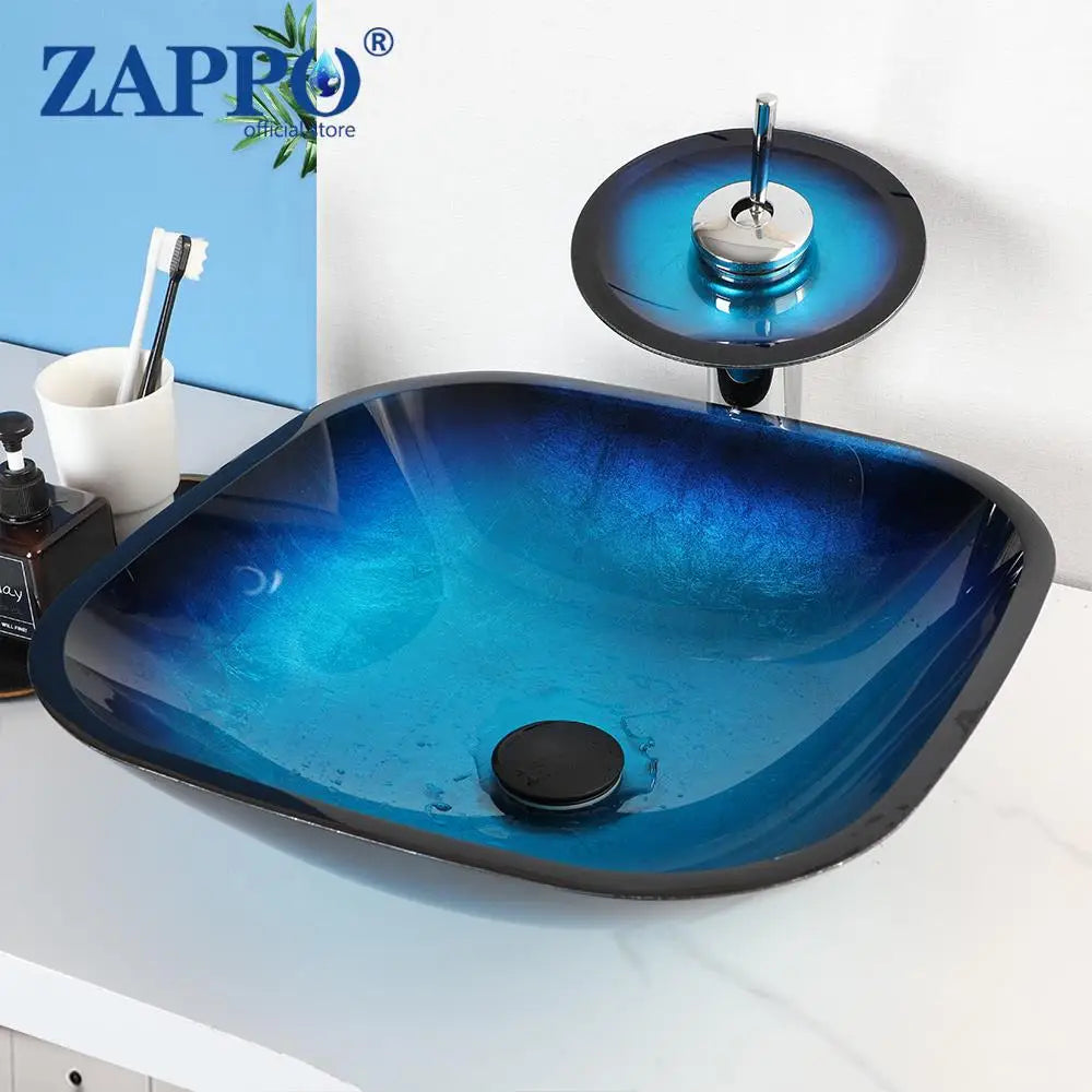 ZAPPO Tempered Glass Vessel Sink With Waterfall Faucet Blue